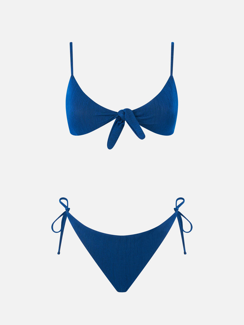 Blauer, plissierter Bralette-Bikini für Damen