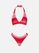 Mehrfarbiger roter Chevron-Strick-Triangel-Bikini