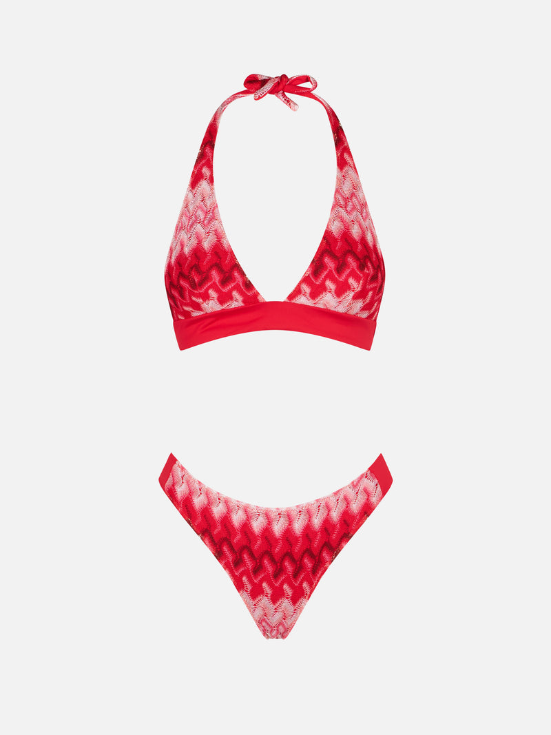 Mehrfarbiger roter Chevron-Strick-Triangel-Bikini