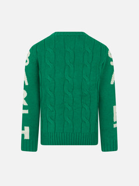 Boy green cable knit sweater Bergen Jr with Saint Barth jacquard