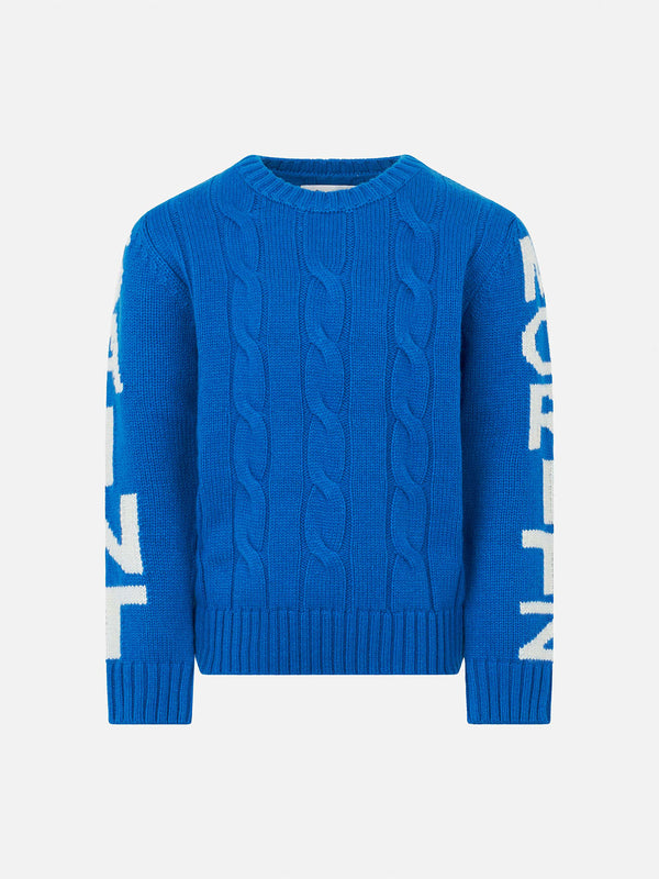 Boy crewneck braided sweater with Saint Moritz print