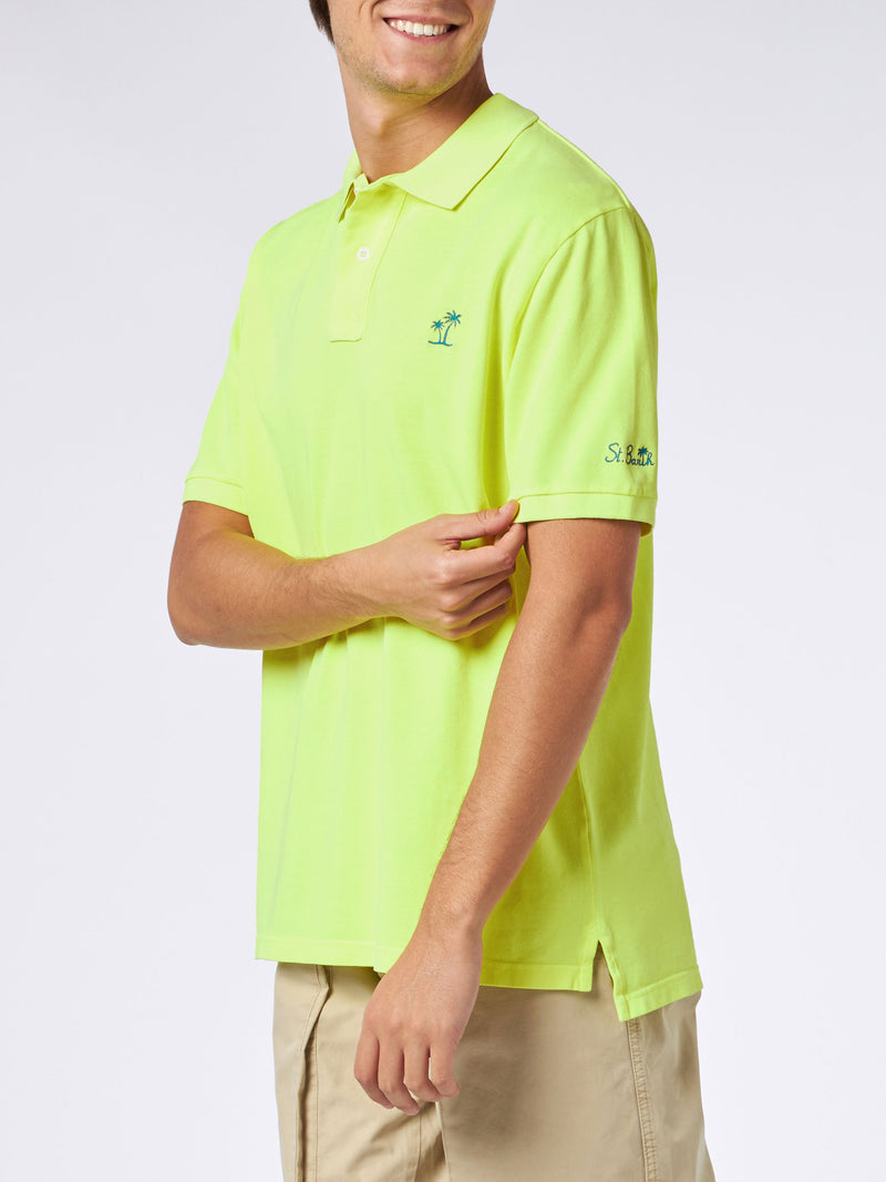 Man fluo yellow piquet polo with St. Barth logo and vintage effect