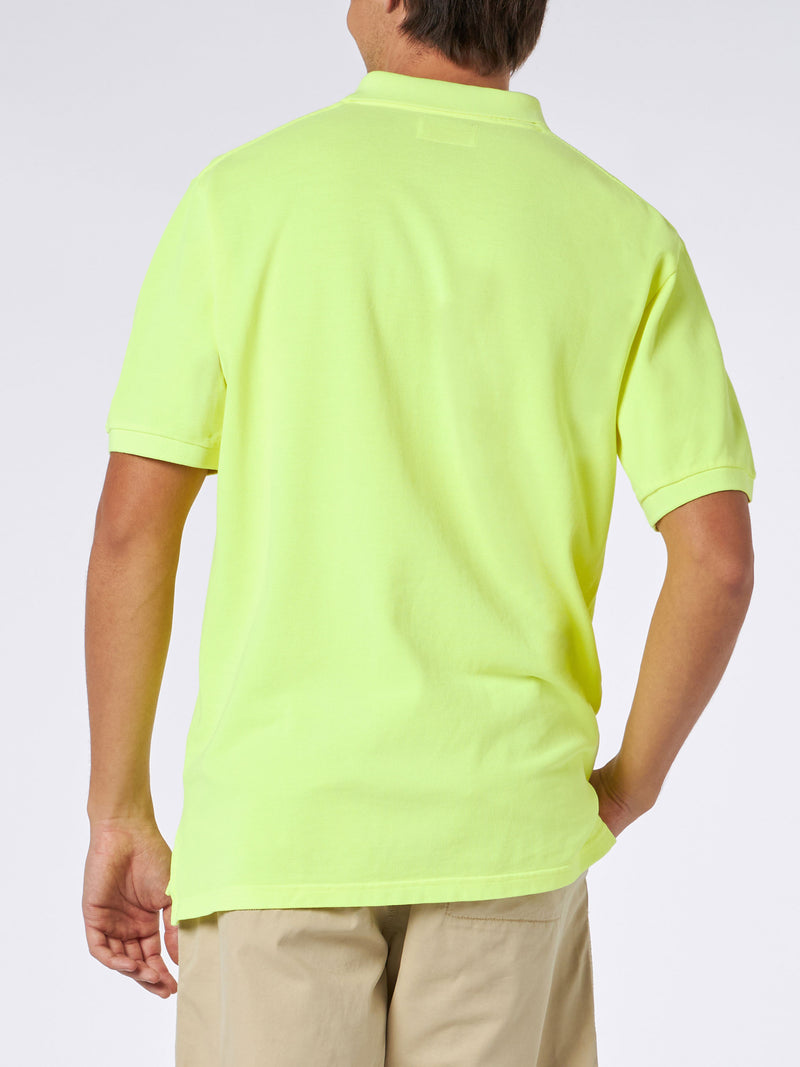 Man fluo yellow piquet polo with St. Barth logo and vintage effect