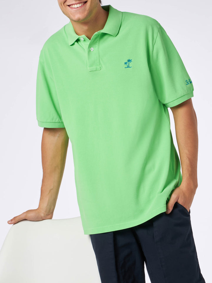 Man fluo green piquet polo with St. Barth logo and vintage effect - MC2 Saint Barth