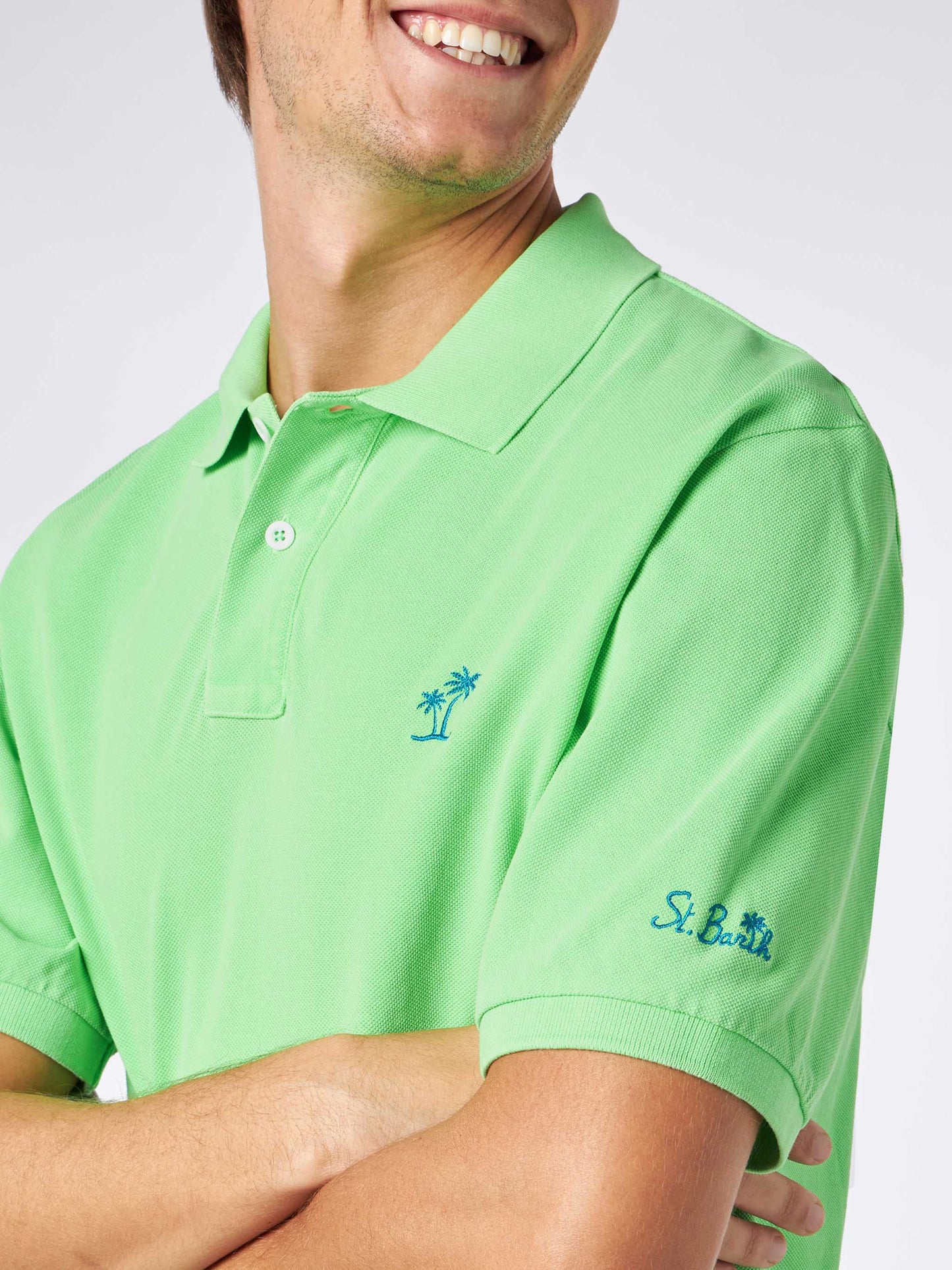 Man fluo green piquet polo with St. Barth logo and vintage effect - MC2 Saint Barth