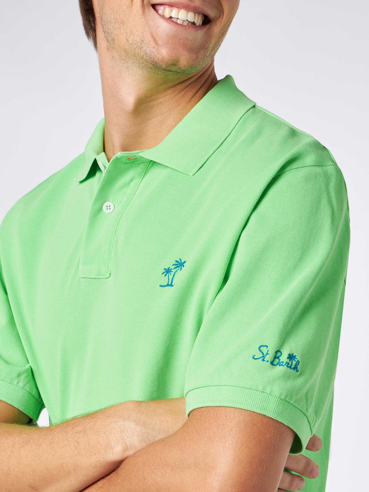Man fluo green piquet polo with St. Barth logo and vintage effect - MC2 Saint Barth