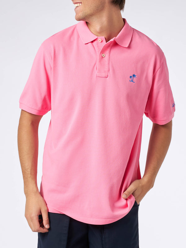 Polo da uomo in piquet rosa con logo St. Barth ed effetto vintage