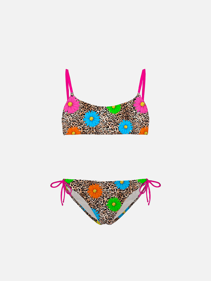 Bikini da bambina a bralette con stampa leopardata