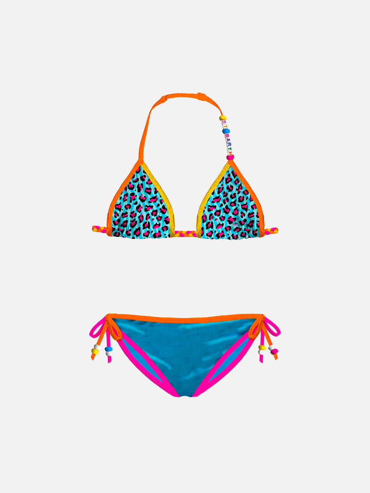 Bikini da bambina a triangolo con stampa leopardata