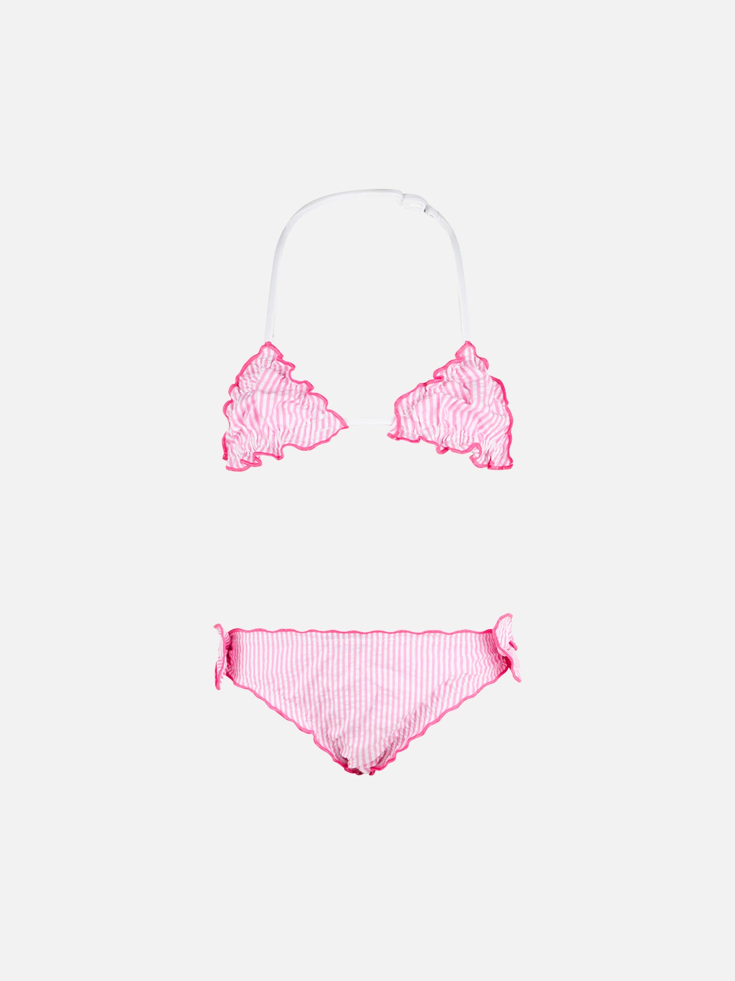 Bikini da bambina a triangolo in seersucker con righe
