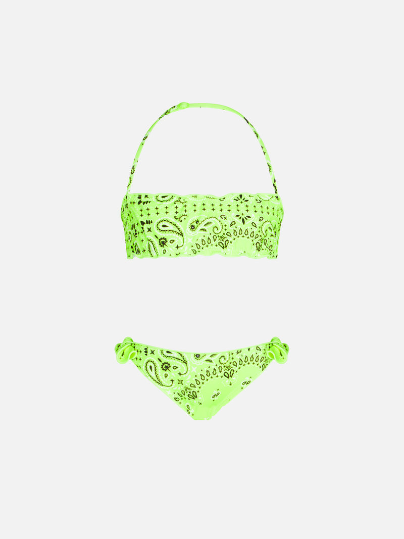 Bikini da bambina a fascia  con stampa bandana giallo fluo