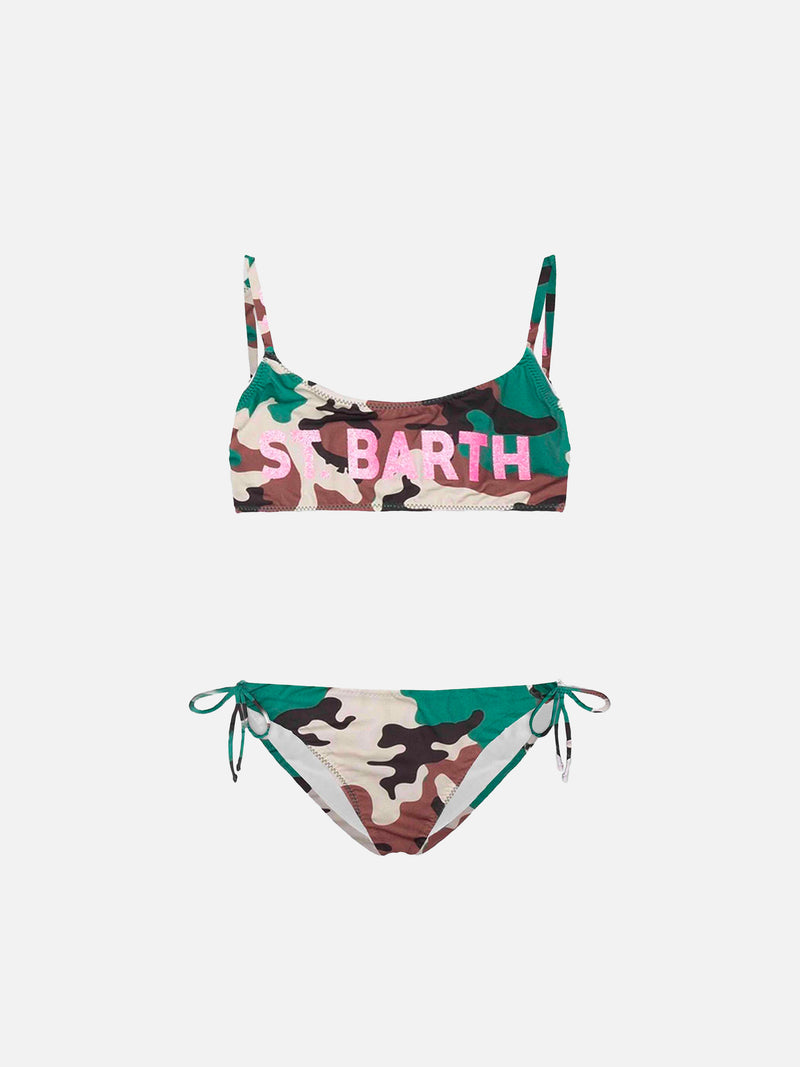 St. Barth Bralette-Camouflage-Bikini für Mädchen mit glitzernder Vorderseite und Grafik