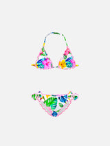 Girl triangle bikini with tropical print