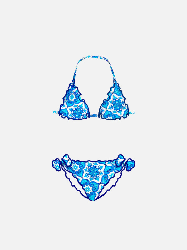 Bikini da bambina a triangolo con stampa maiolica