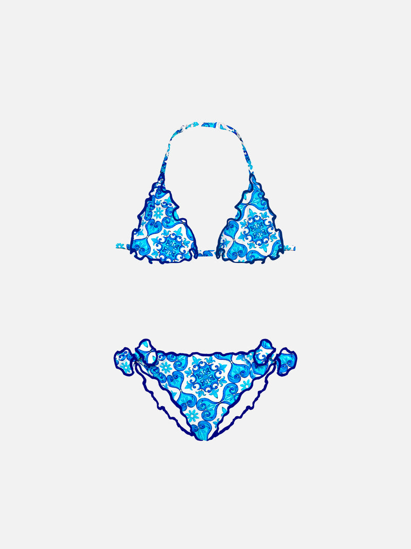 Bikini da bambina a triangolo con stampa maiolica