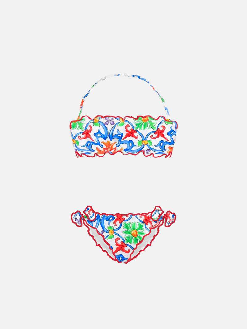 Bikini da bambina a fascia con stampa maiolica