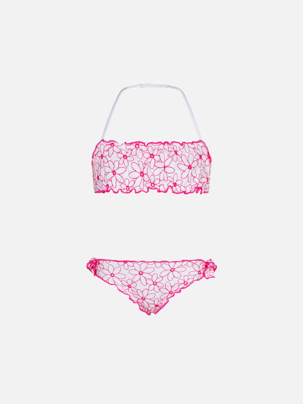 Bikini a fascia da bambina con ricamo margherite