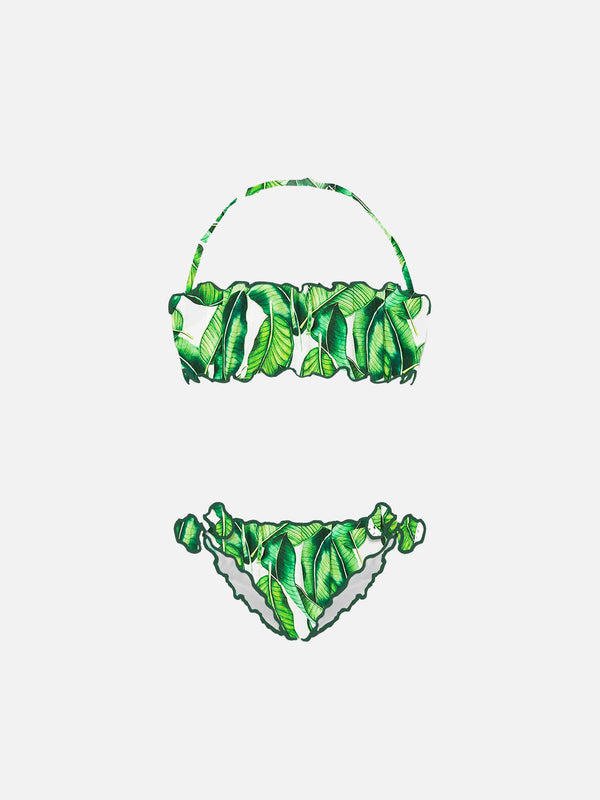 Mädchen-Bandeau-Bikini mit Bananenblätter-Print