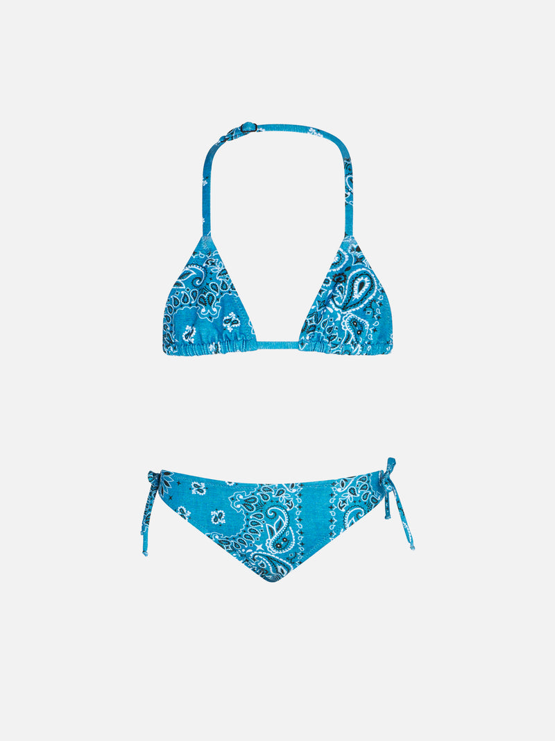 Bikini da bambina a triangolo con stampa bandana in denim