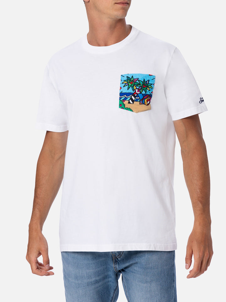 T-shirt da uomo in cotone Blanche con taschino stampato Britto | EDIZIONE SPECIALE BRITTO