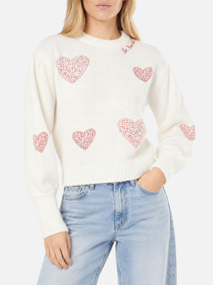 Jersey Bloom Soft blanco con acabado cepillado y corazones de strass rojos 