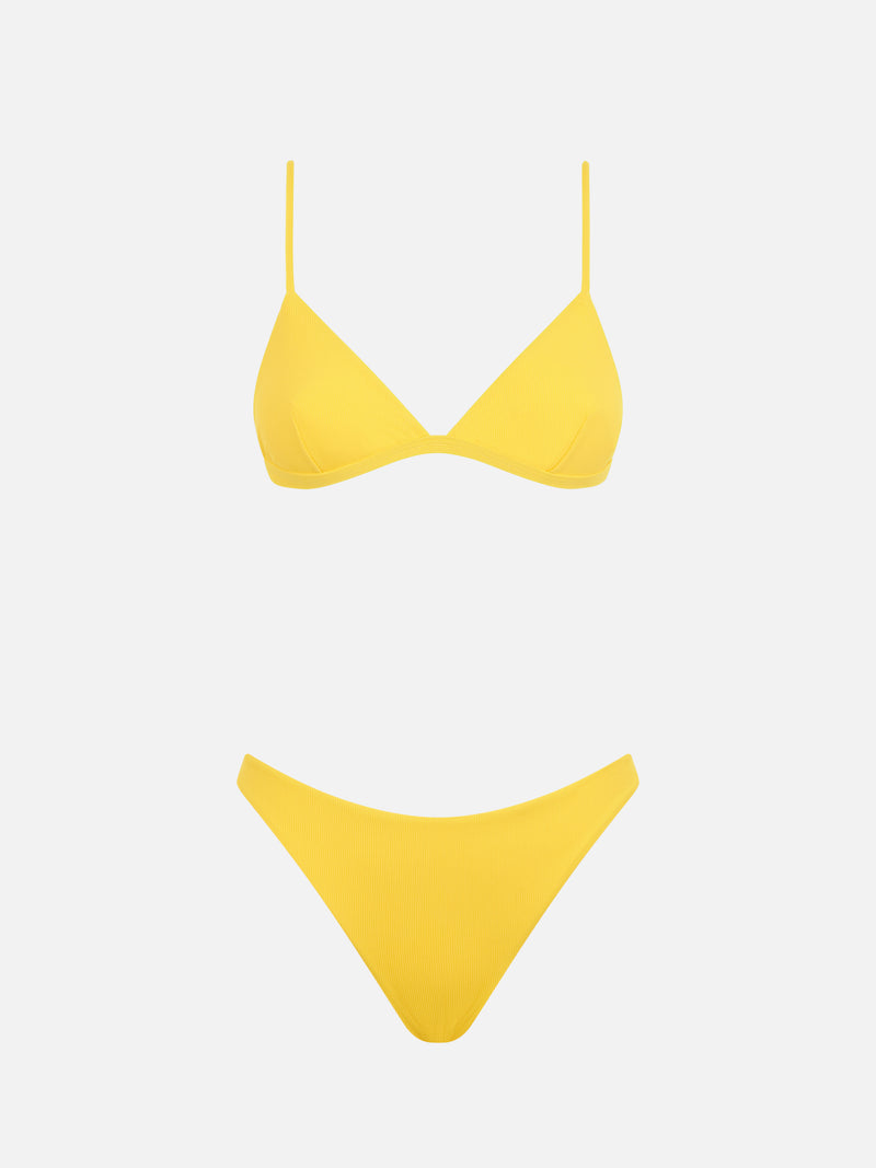 Gelber gerippter Triangel-Bikini für Damen