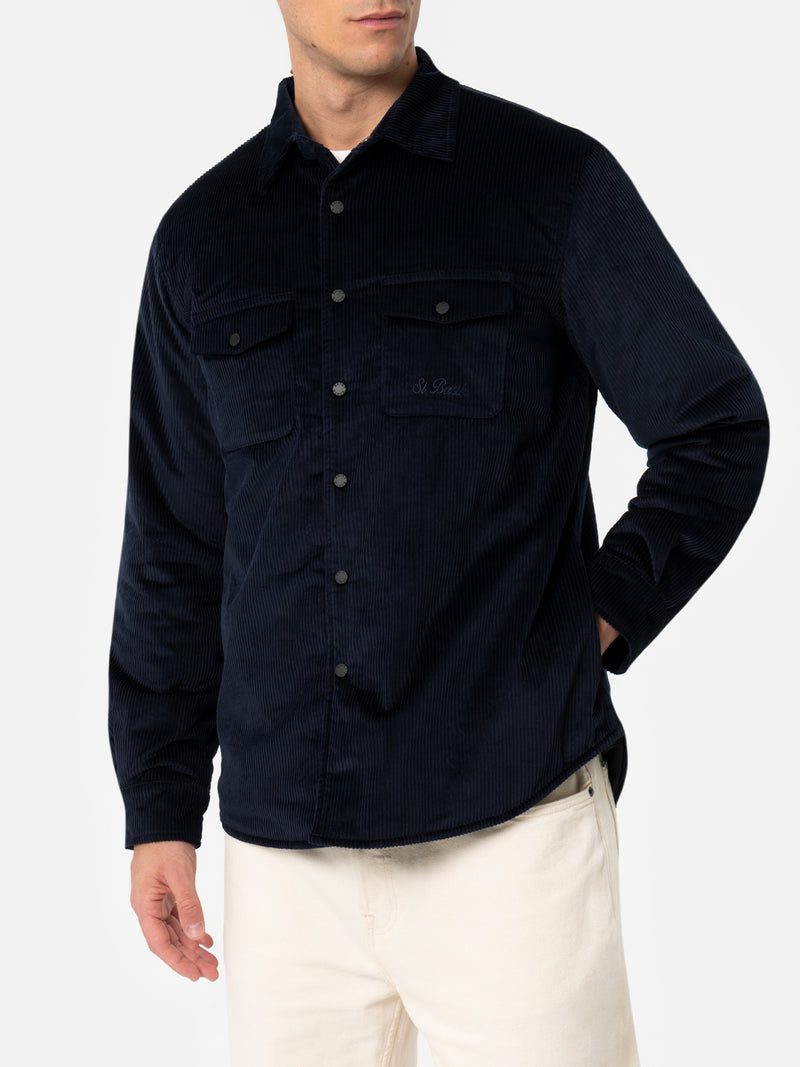 Camicia da uomo in velluto a coste blu navy modello Chalet con ricamo St. Barth