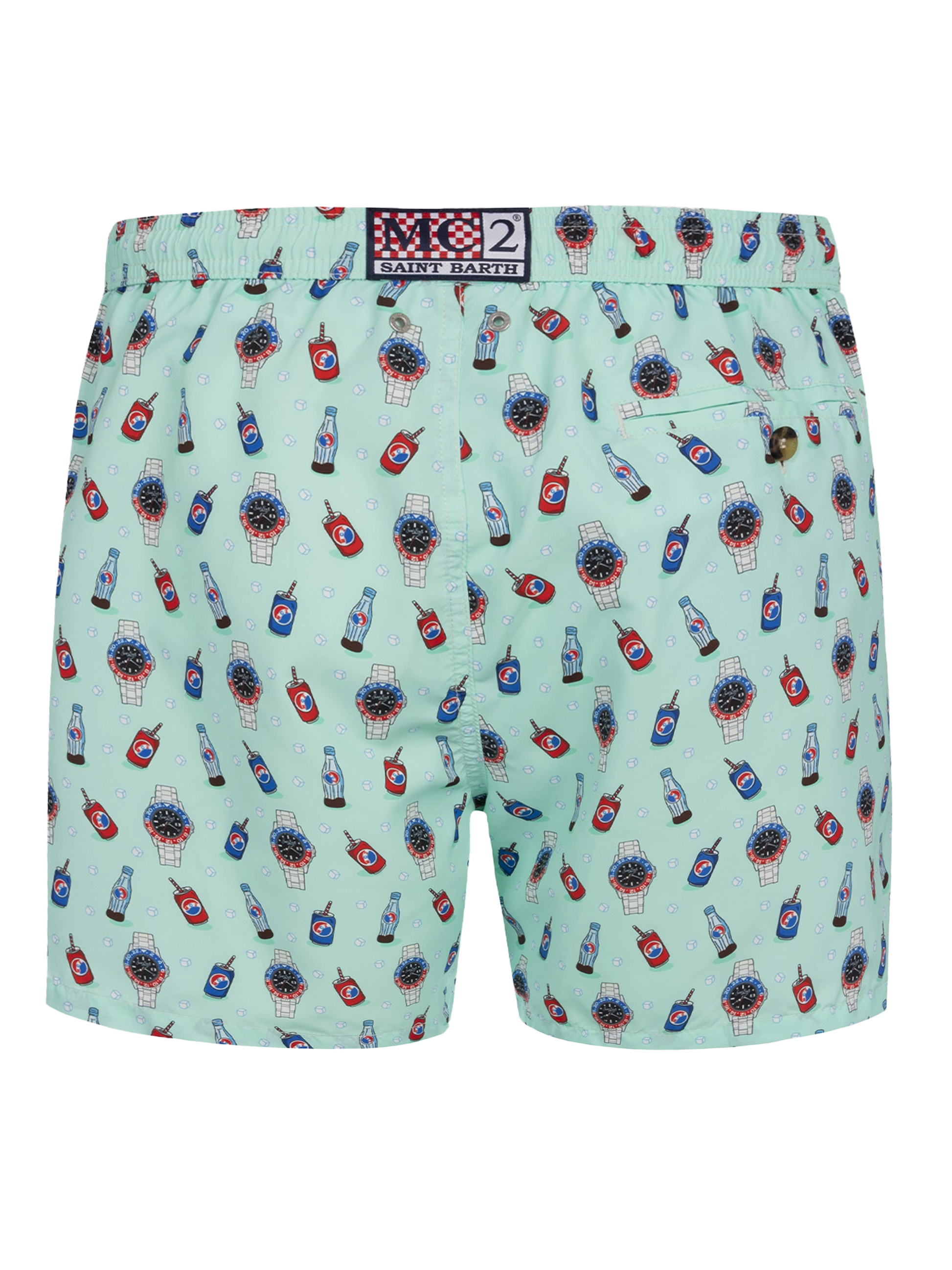 Man lightweight fabric swim-shorts Lighting Micro Fantasy with watches and drinks print - MC2 Saint Barth