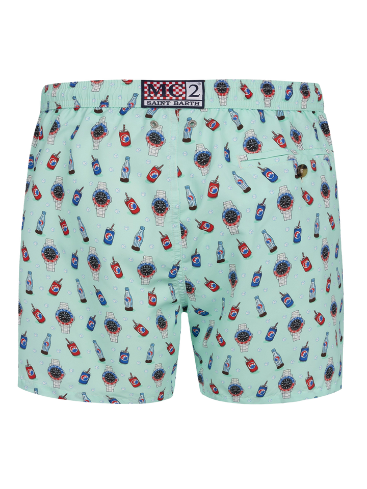 Herren-Badeshorts aus leichtem Stoff Lighting Micro Fantasy mit Uhren- und Getränkeaufdruck