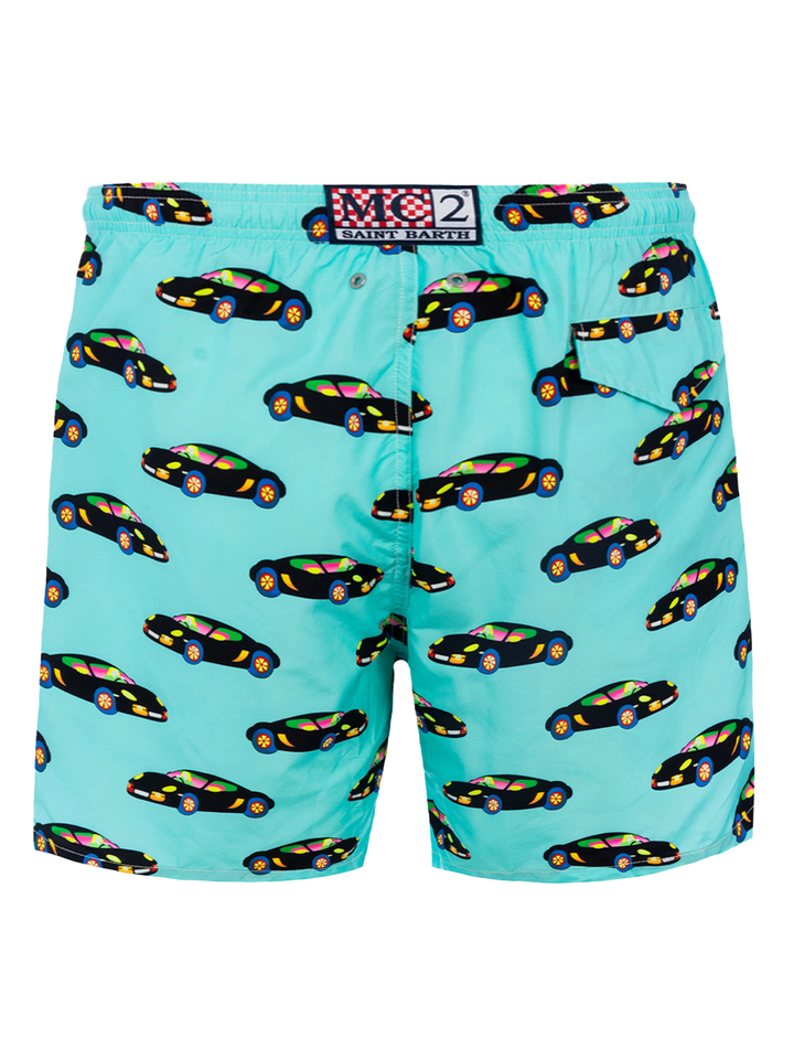 Man lightweight fabric swim-shorts Lighting with Lodola car print |MARCO LODOLA SPECIAL EDITION