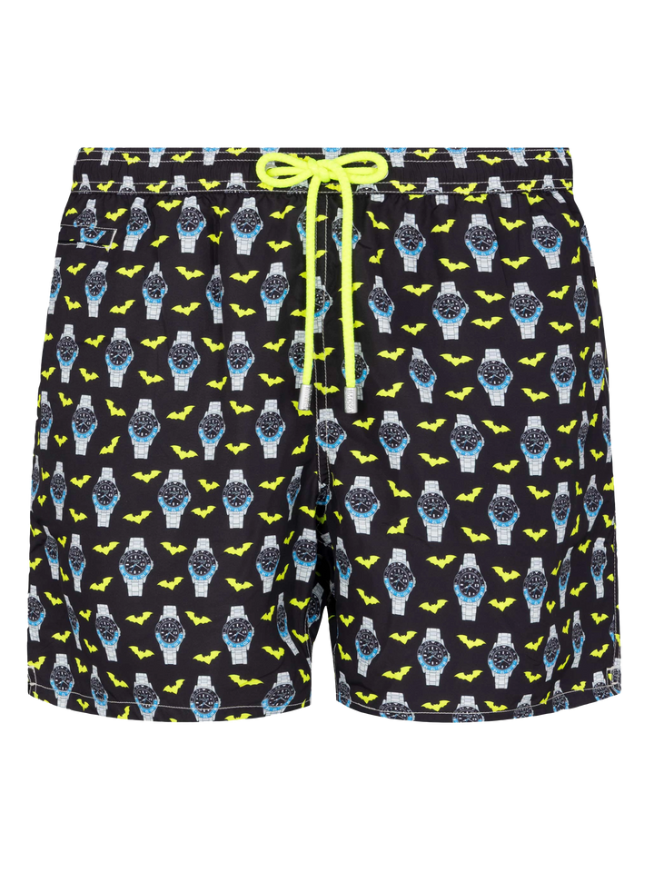 Lightweight fabric swim shorts Lighting with watch print