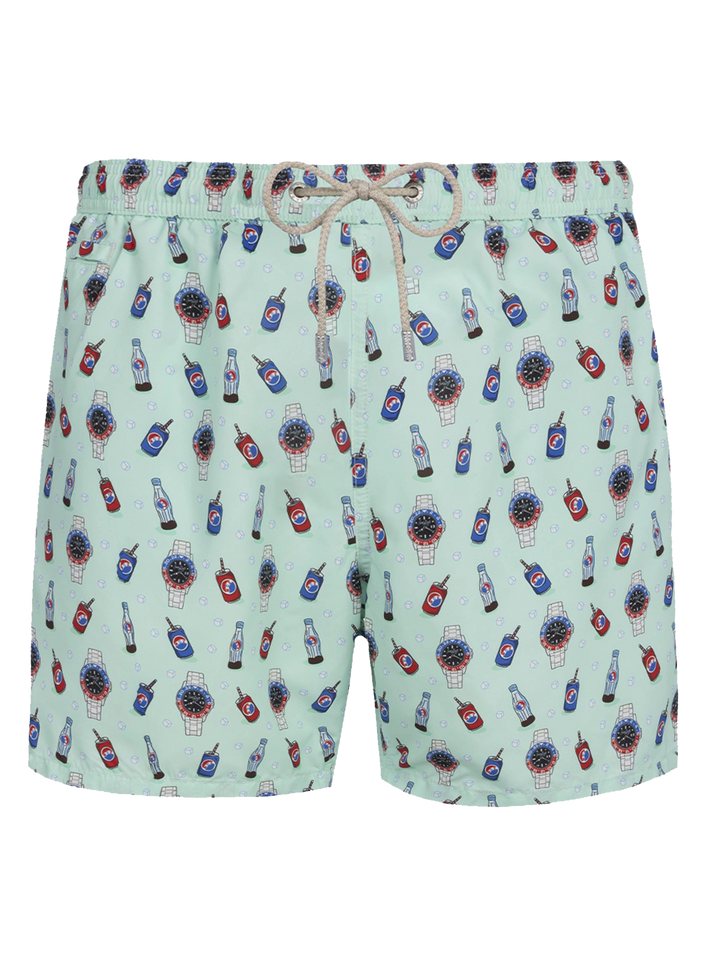 Herren-Badeshorts aus leichtem Stoff Lighting Micro Fantasy mit Uhren- und Getränkeaufdruck