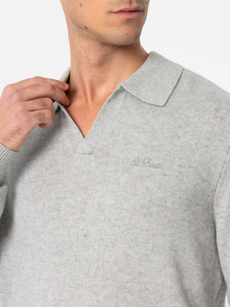 Man mélange grey cashmere blend polo collar sweater Covent