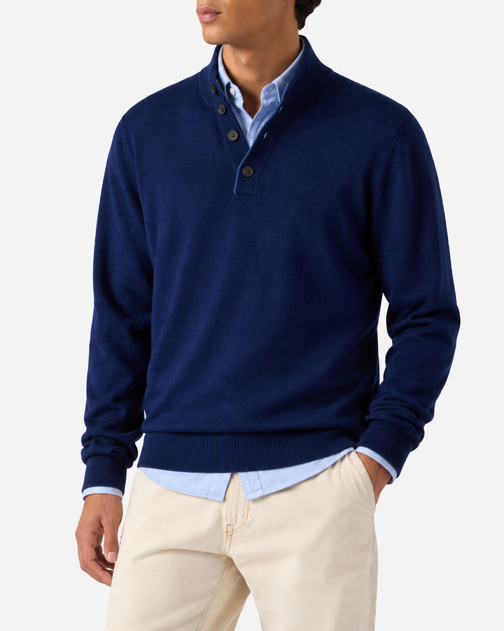 Pull à demi-zip en laine mérinos et cachemire bleu marine 
