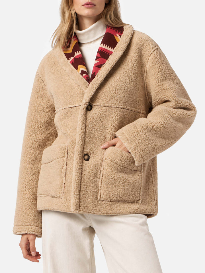 Beige Dorys reversible shearling coat with ethnic pattern