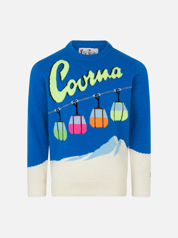 Boy crewneck sweater with Courma cable postcard jacquard