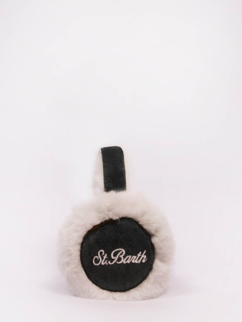 Woman black suede effect earmuffs with furry details and wireless speaker