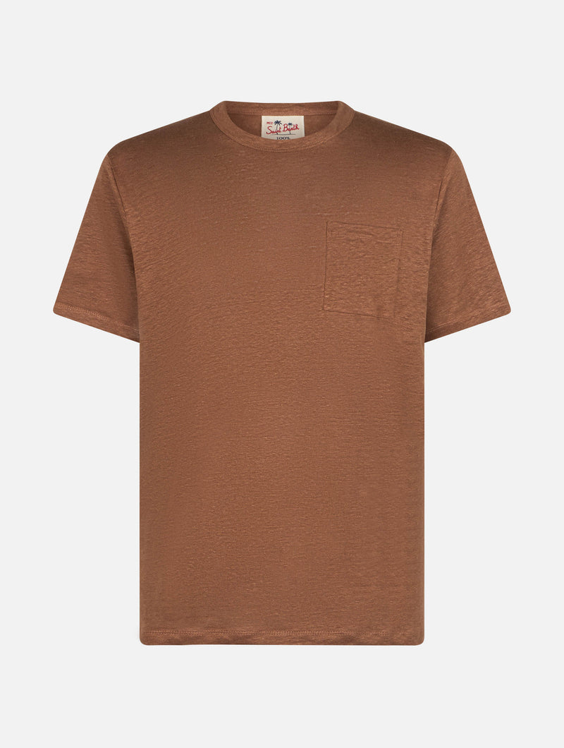 T-shirt da uomo Ecstasea in jersey di lino marrone con taschino