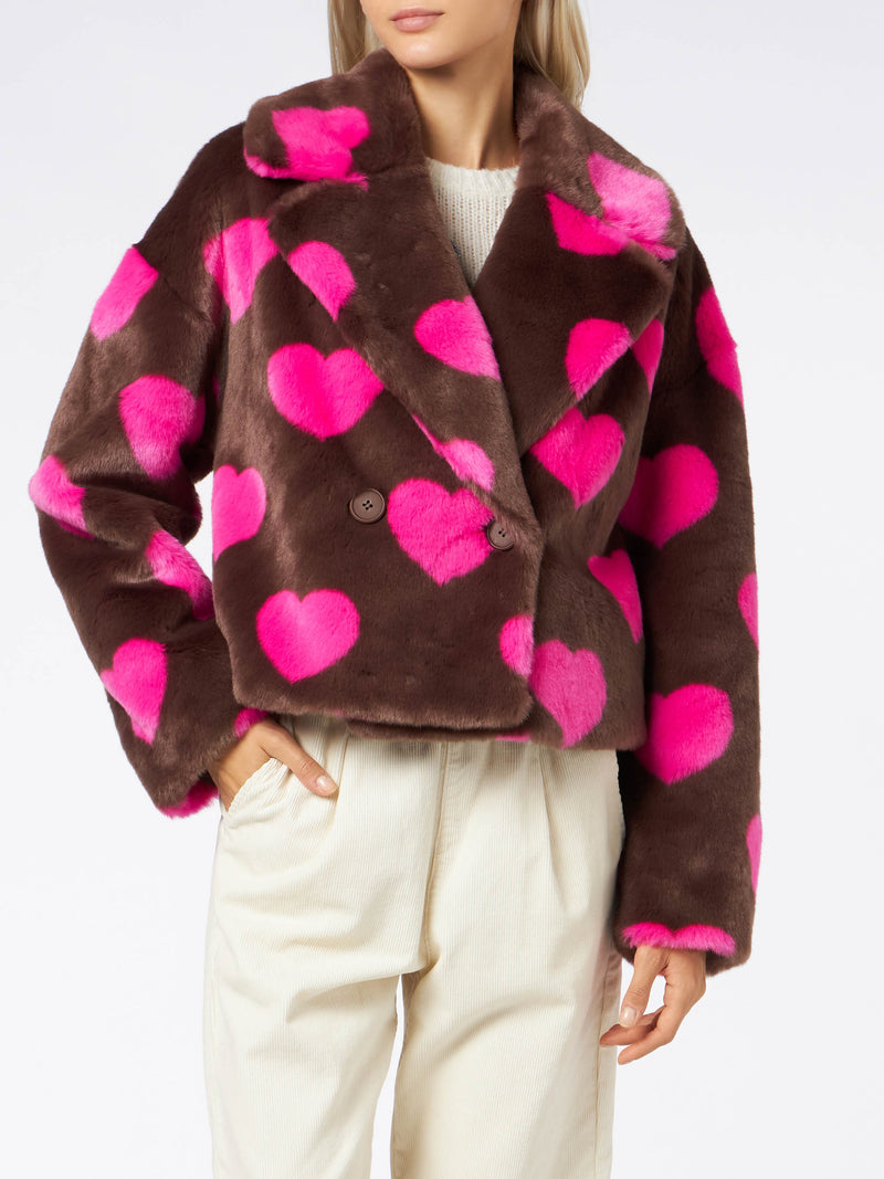 Woman furry short jacket with heart print