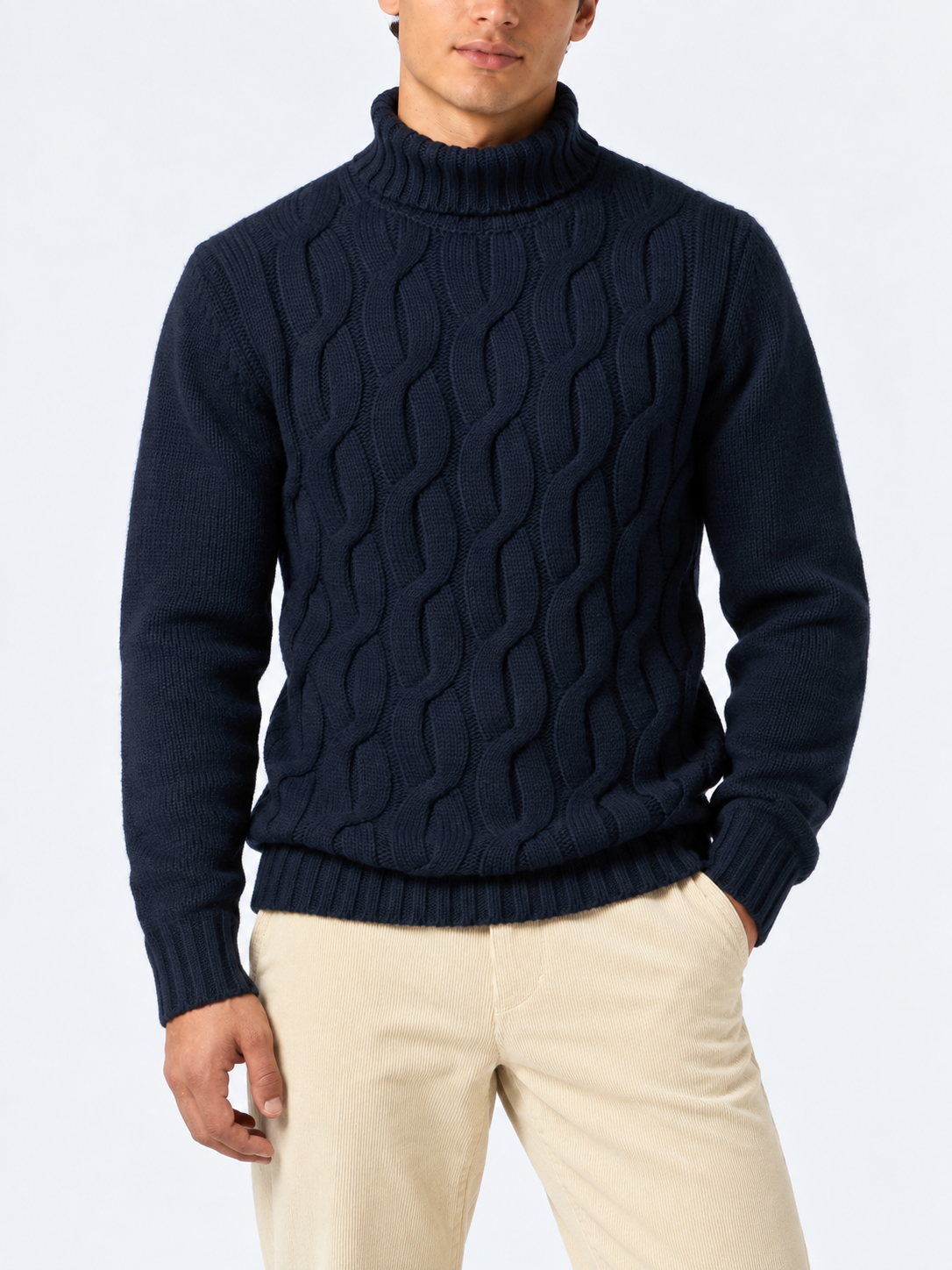 Fisherman-Pullover aus Kaschmir-Mix mit Zopfmuster in Navyblau 