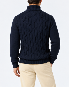 Fisherman-Pullover aus Kaschmir-Mix mit Zopfmuster in Navyblau 