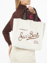 White furry Flavea bag with Saint Barth embroidery