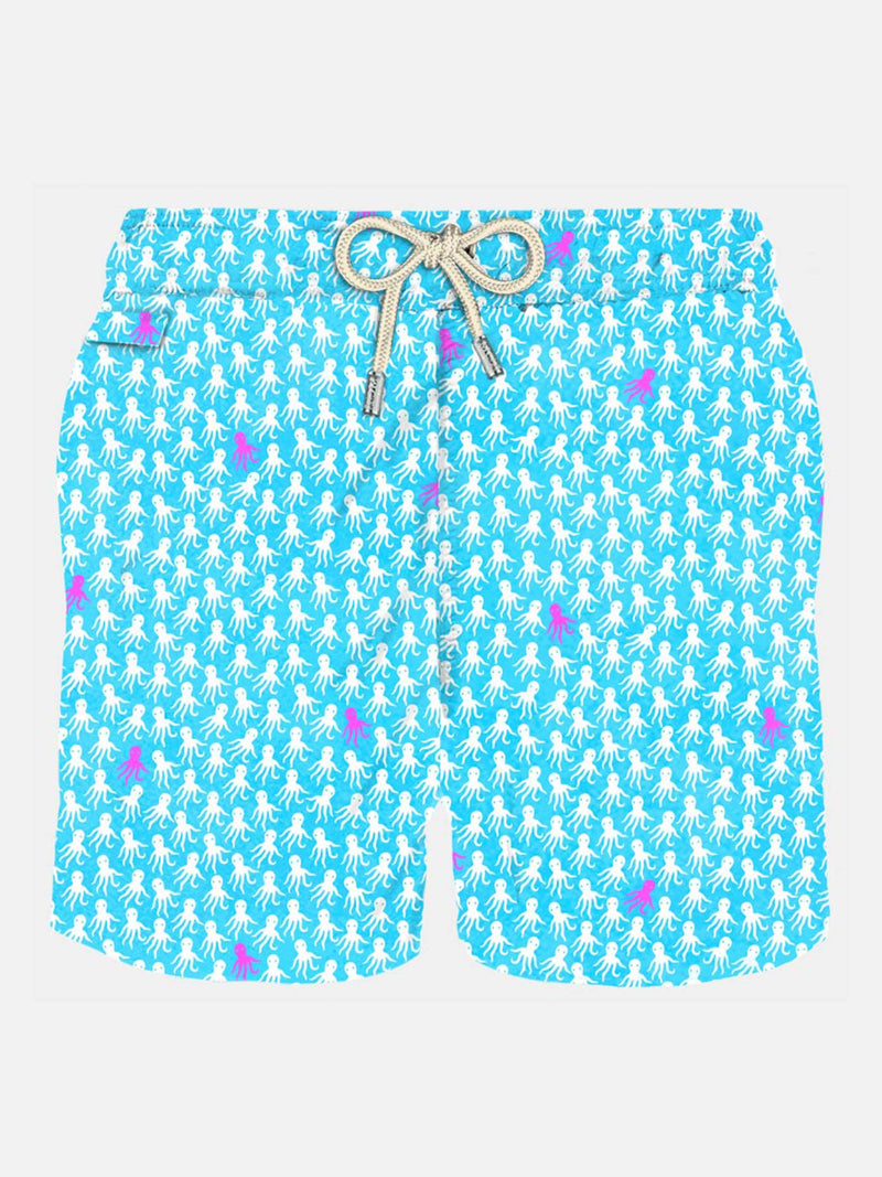 Man light fabric swim shorts with white and fuchsia octopus print