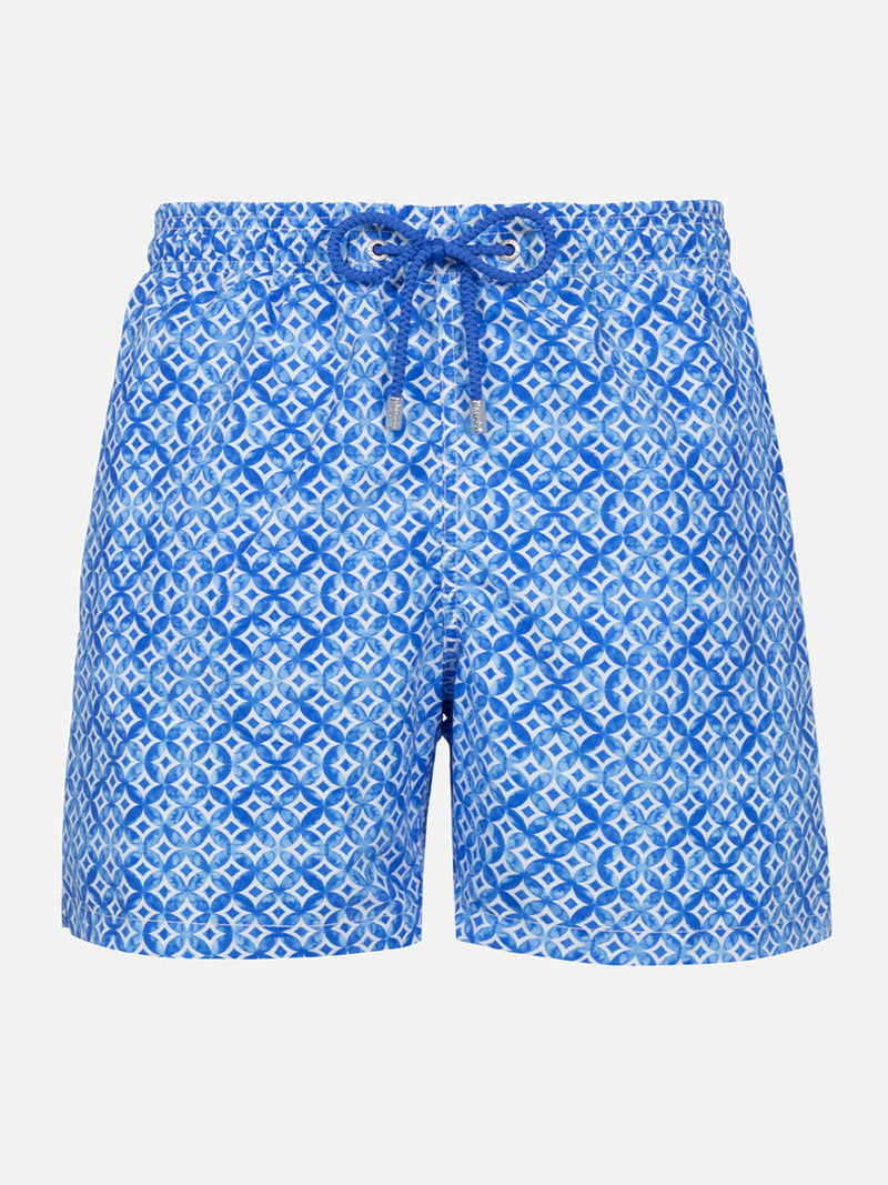 Man mid-length Gustavia swim-shorts with geometric majolica print