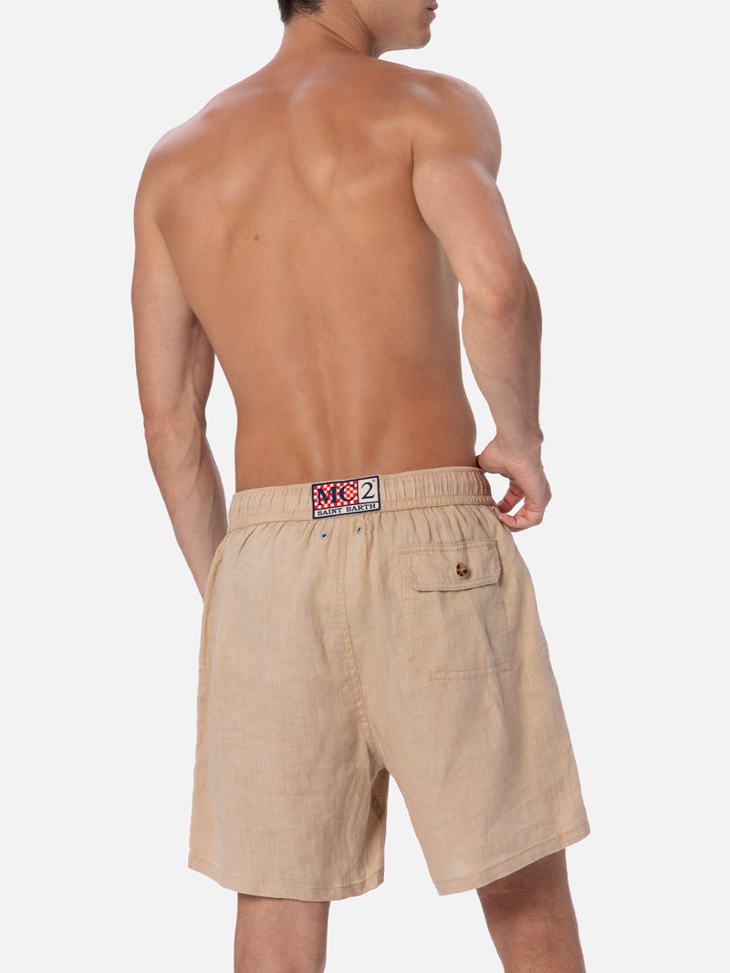 Mittellange Herren-Badeshorts aus beigem Leinen Gustavia