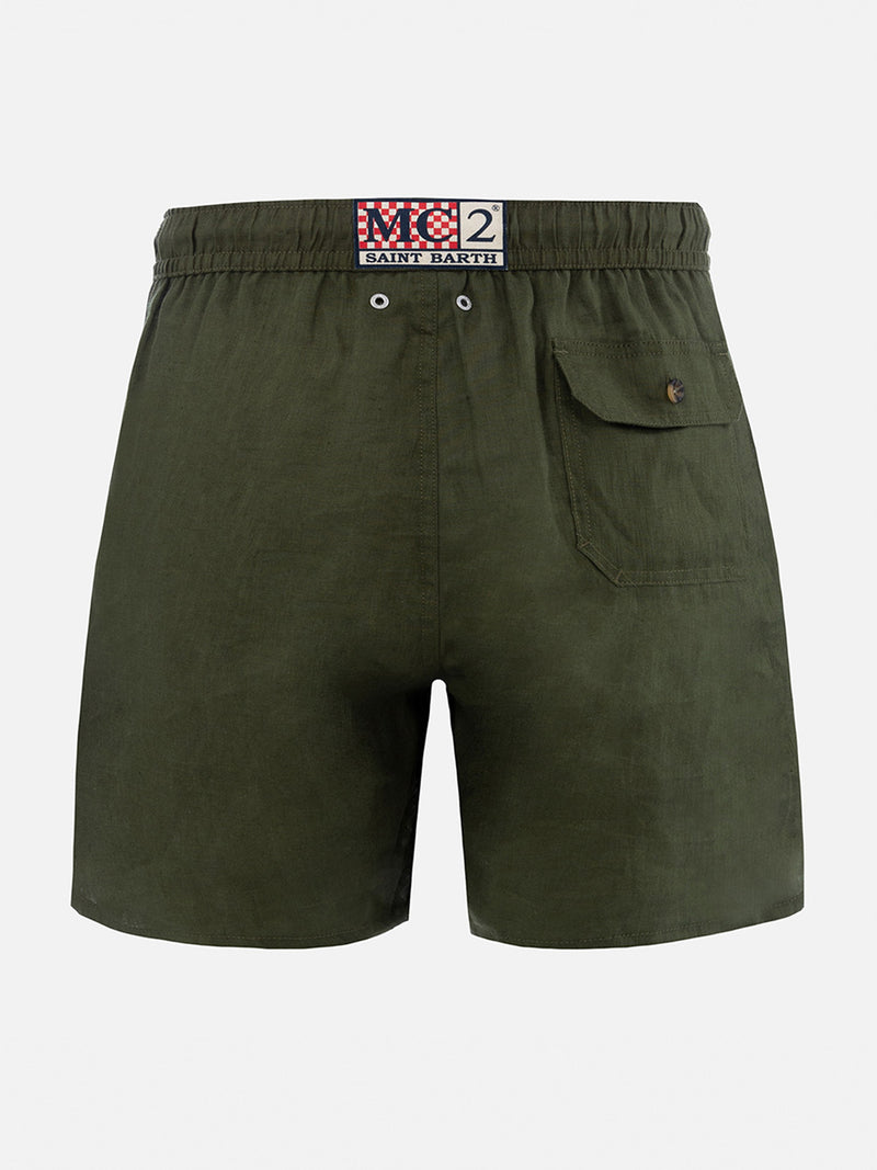 Costume da bagno da uomo di media lunghezza in lino verde militare Gustavia