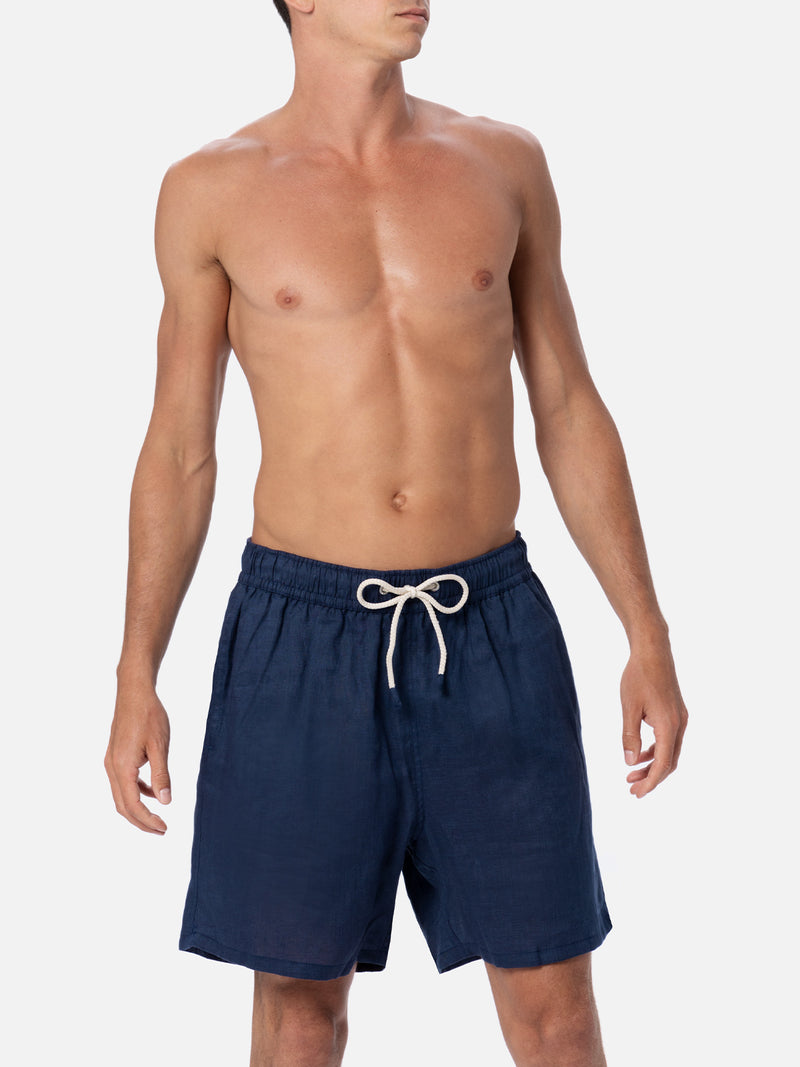 Costume da bagno da uomo di media lunghezza in lino blu navy Gustavia