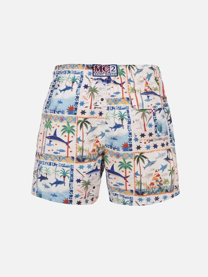 Mid-length Gustavia swim-shorts with shark print | AI CO-CREATED DESIGN BY RICKDICK - POWERED BY RED-EYE - MC2 Saint Barth