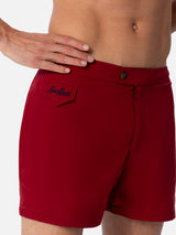 Man burgundy fitted cut swim shorts Harrys