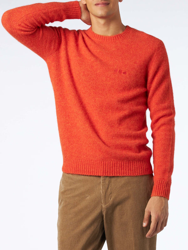 Orangefarbener Stretch-Wollpullover für Herren mit St. Barth-Stickerei